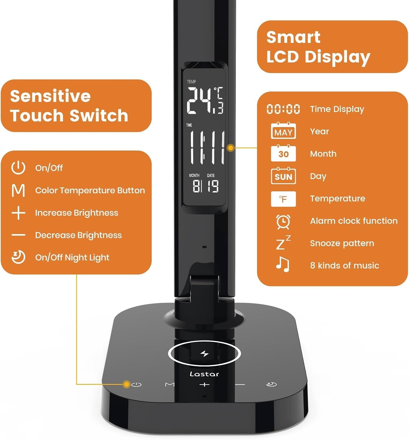 LASTAR Desk Lamp,Smart 18W Wireless Rechargeable Led Table Lamp, USB Charging, 5 Brightness Levels, 5 Colour Temperatures, Perpetual Calendar, Alarm Clock and Memory Function Desk Lamp for Home Office