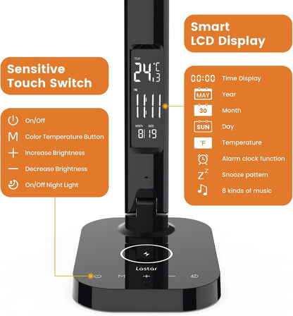 LASTAR Desk Lamp,Smart 18W Wireless Rechargeable Led Table Lamp, USB Charging, 5 Brightness Levels, 5 Colour Temperatures, Perpetual Calendar, Alarm Clock and Memory Function Desk Lamp for Home Office