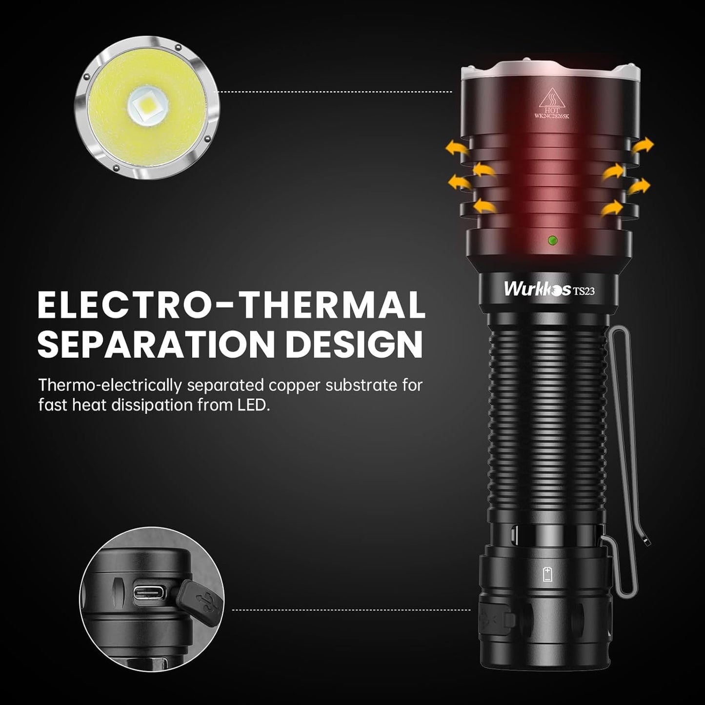Wurkkos TS23 Rechargeable Tactical Flashlight High 5000 Lumens Super Bright, 482M Long Range Flashlight, High RCI Led Flashlight, IP68 Waterproof for Camping Hiking Emergency(6000K)
