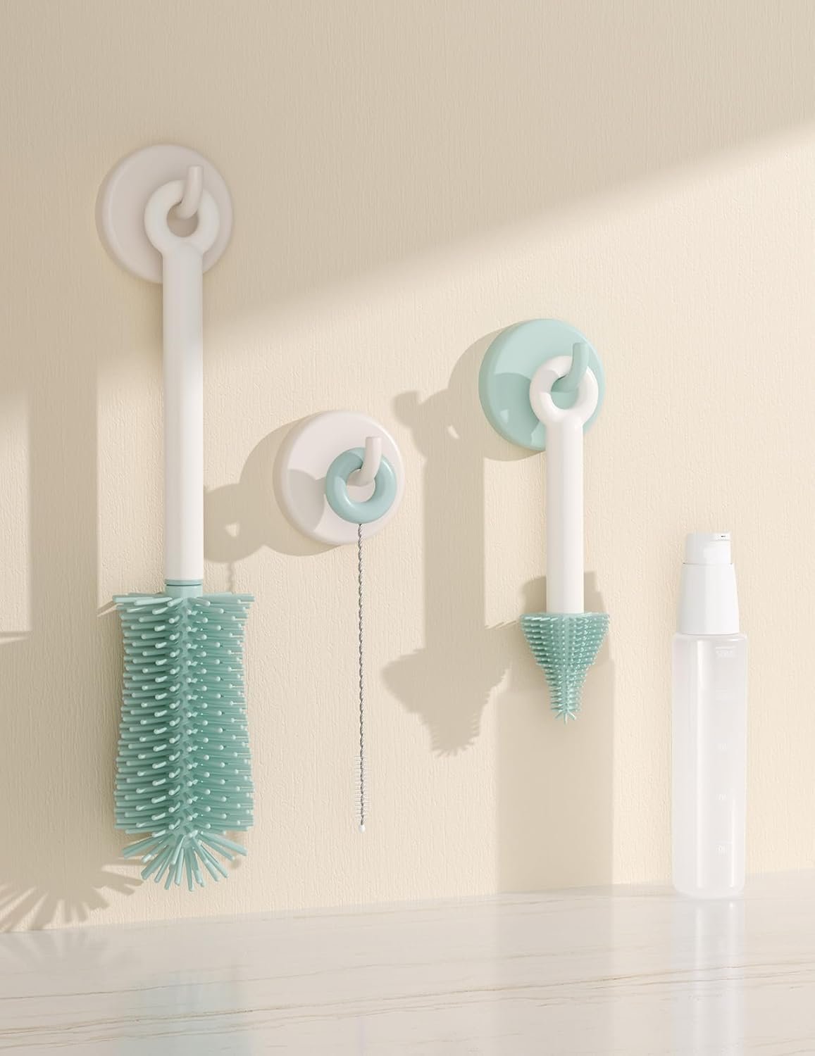 Momcozy 7 in 1 Bottle Cleaning Kit - Baby Bottle Cleaner Set with Silicone Brush, Nipple Brush, Straw Brush, Soap Dispenser, Drying Rack - Home and Travel Bottle Cleaning Tools for Infants