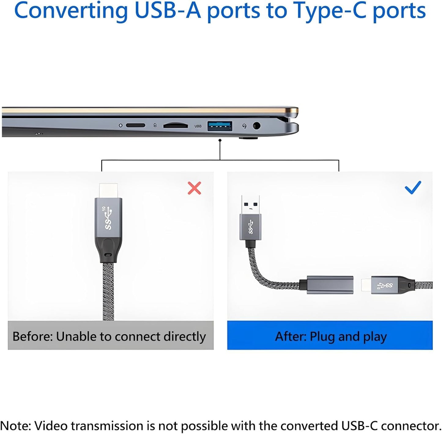ULTIENCE USB-A to USB-C Cable Adapter [10Gbps] – High-Speed USB 3.2 Converter with 10Gbps Data Transfer & 60W Fast Charging, Compatible with Laptops, PCs, Flash Drives (0.5 m, Grey)
