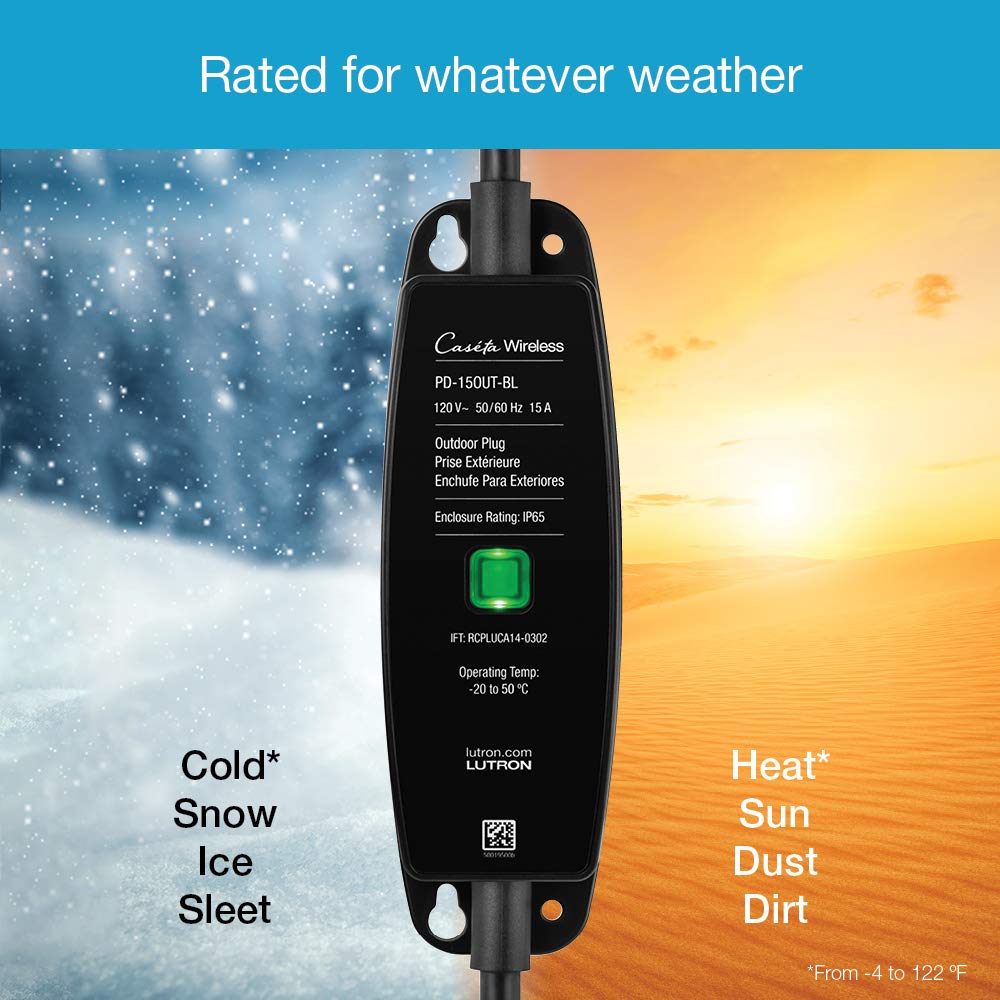 Lutron Caséta Weatherproof+ Outdoor Smart Plug On/Off Switch | Works with Alexa, Google Assistant, Ring, Apple HomeKit (Smart Hub Required) | for Landscape and String Lighting | PD-15OUT-BL | Black