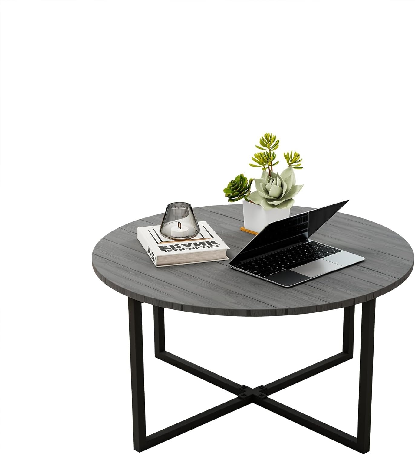 Diolong Round Coffee Table Center Table Living Room Side Table Dining Table with Metal Frame Small Coffee Tables for Small Spaces, Grey Oak