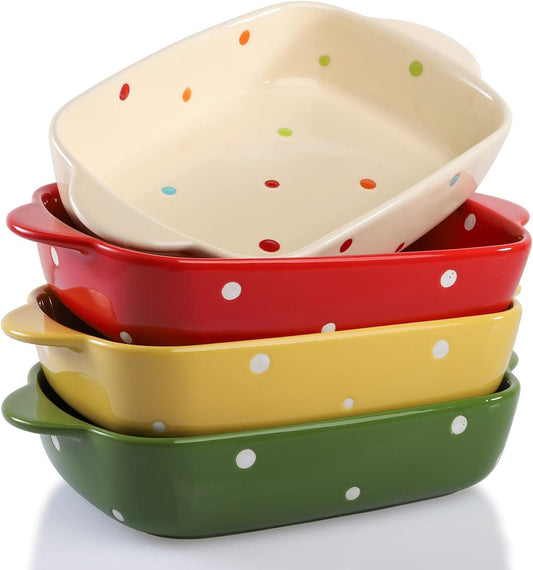 AVLA Set of 4 Ceramic Small Casserole Dishes, 7"x5" Porcelain Roasting Lasagna Pan, Individual Casserole Dishes Bakeware with Handle Rectangular Dish, Ceramic Baking Dish for Oven, 20 Oz, Polka Dot,