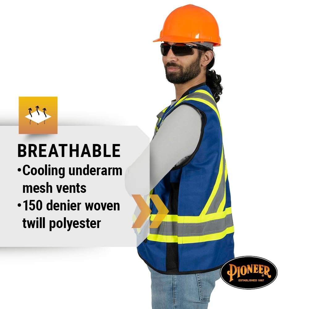 Pioneer Hi Vis Surveyor's Safety Vest - Engineer Style - Breathable Mesh & Reflective Tape - 7 Pockets - Royal Blue
