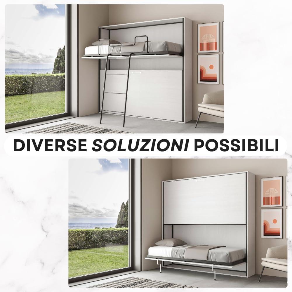 IMAGO FACTORY Kendo Double – Folding Single Bed with 2 Concealed Beds (L.200 P.106 H.191) Horizontal Fold-Out Bed 100% Made in Italy (Mattresses Not Included, Ash White)