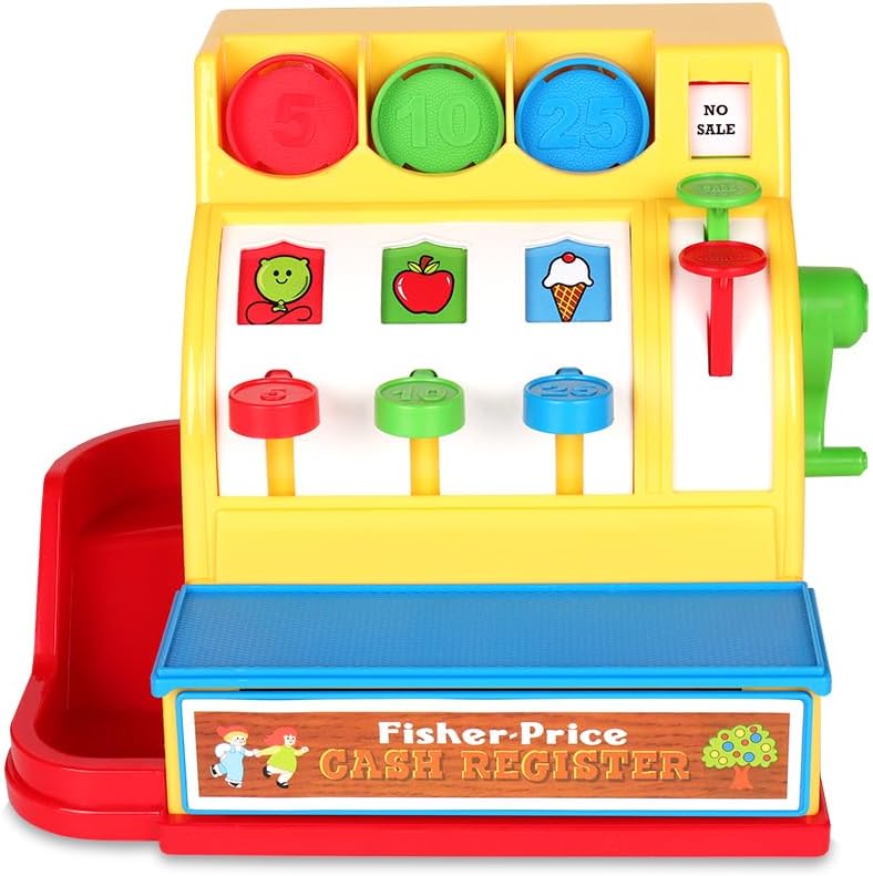 Fisher Price Classics 2073 Cash Register, Educational And Learning Toy, Ideal for Toddler Role Play, Classic Toy with Retro-Style Packaging, Suitable for Boys And Girls Aged 2 Years +