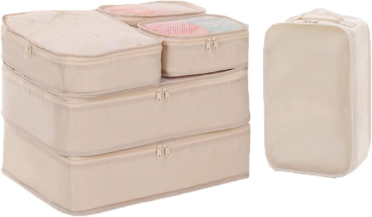 JOVALA Travel Packing Cubes 6 PCS Set Compression Cubes Luggage Suitcase Organisers Bags Pouch Clothing Sorting Packages Lightweight Travel Essentials (Beige)