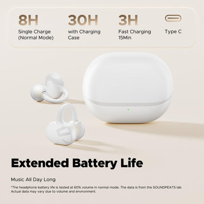 SOUNDPEATS POP Clip Open Ear Earbuds, Bluetooth 5.4 Clip-On Headphones, Lightweight Comfort, AI Call Noise Cancellation with Dual Connection, Immersive Audio Wireless Earbuds, 30H (White)