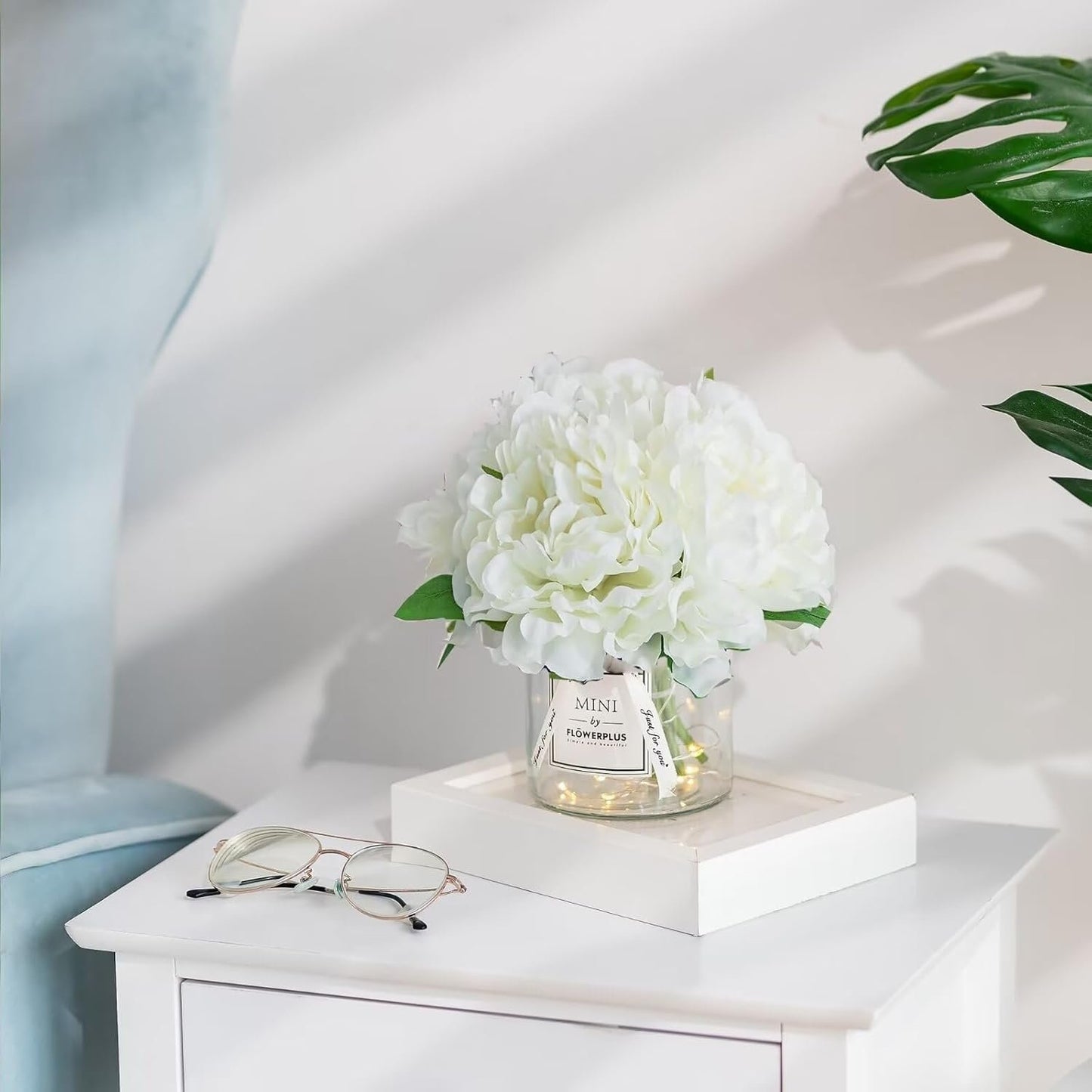White Fake Flowers with Vase: Blosmon Small Coffee Table Decor Bathroom Peony Faux Flowers in Vase Office Desk Shelf Home Living Room Bedroom Vanity nightstand Decorations Floral Arrangement