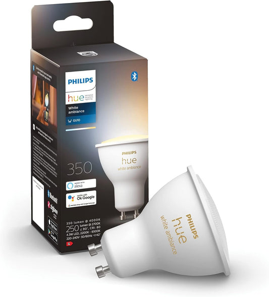 Philips Hue White Ambiance Single Smart Spotlight LED [GU10 Spotlight] - 350 Lumens (50W Equivalent). Compatible with Alexa, Google Assistant and Apple Homekit HUEWAGU10BTV2
