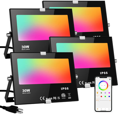 Led Flood Light 300W Equivalent,RGB Color Changing Outdoor Lights Smart Floodlight with APP Control,2700K&16 Million Colors,DIY Scenes,IP66 Waterproof,Timing,Music Sync,US 3-Plug(4Pack)