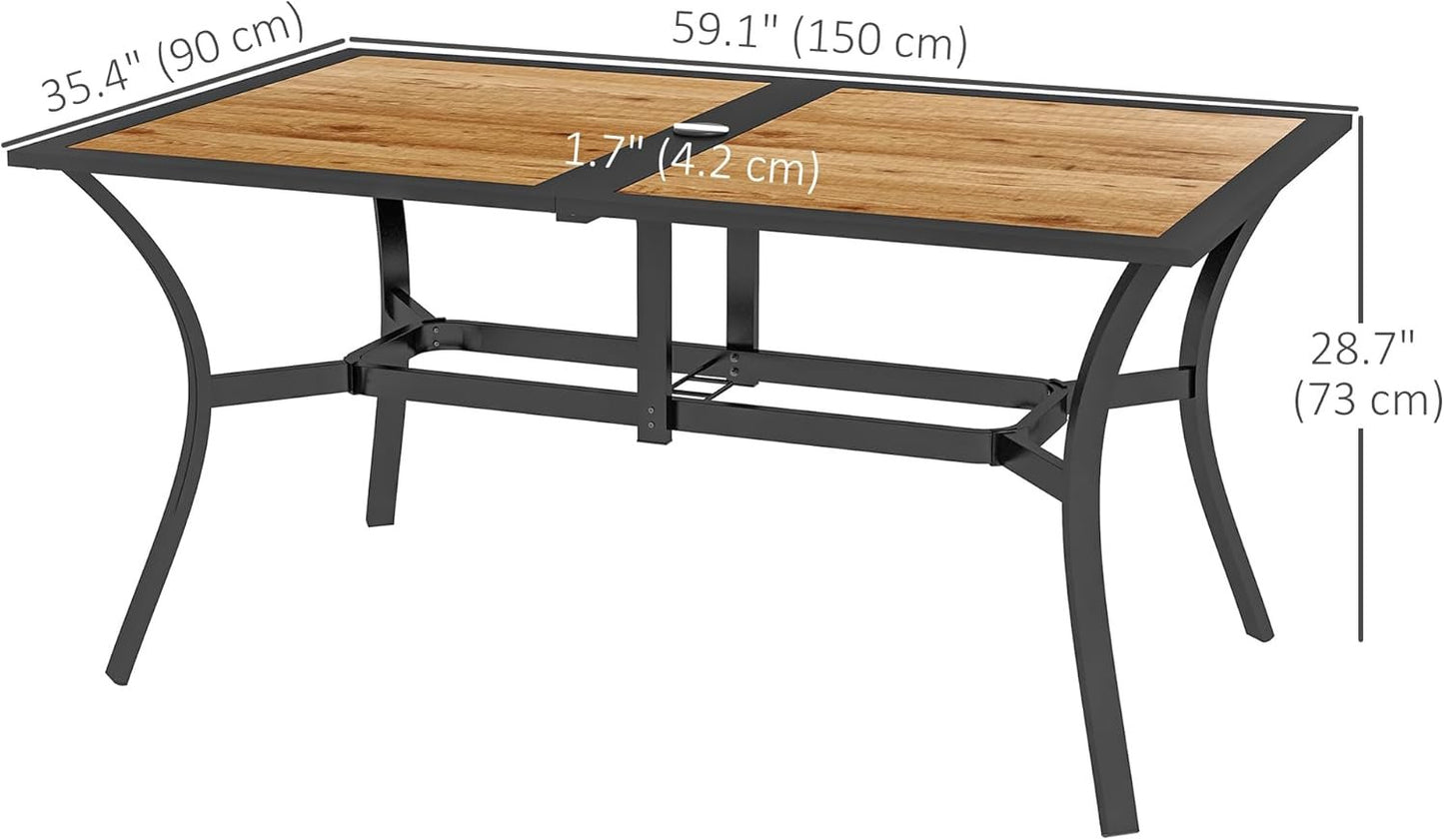 Outsunny Outdoor Dining Table with Umbrella Hole, Rectangular Patio Dining Table for 6 with Steel Frame and Wood-Like Plastic Top for Garden, Balcony, Brown