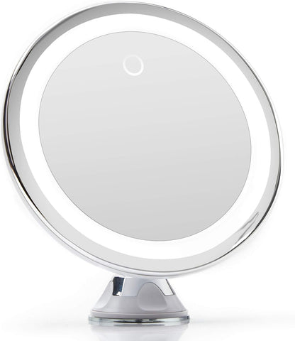 Fancii 10X Magnifying Makeup Mirror with True Natural Light and Locking Suction - 8 inch Large Lighted Travel Vanity Mirror, Dimmable Daylight LEDs, Battery and USB Operated - Luna (Silver)