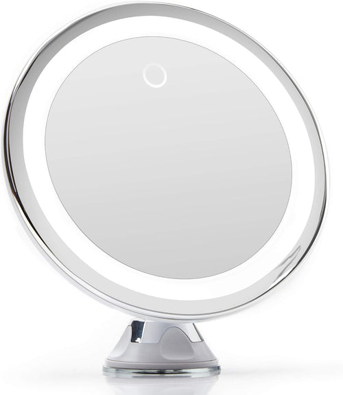 Fancii 10X Magnifying Makeup Mirror with True Natural Light and Locking Suction - 8 inch Large Lighted Travel Vanity Mirror, Dimmable Daylight LEDs, Battery and USB Operated - Luna (Silver)