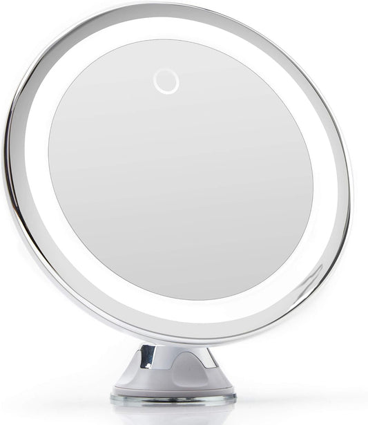 Fancii 10X Magnifying Makeup Mirror with True Natural Light and Locking Suction - 8 inch Large Lighted Travel Vanity Mirror, Dimmable Daylight LEDs, Battery and USB Operated - Luna (Silver)