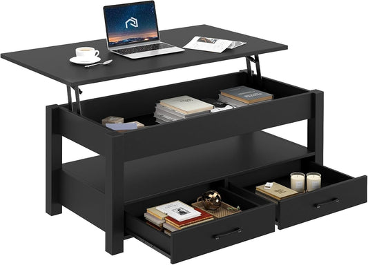 Rolanstar Coffee Table, 47" Lift Top Coffee Table with Drawers and Hidden Compartment, Retro Central Table with Wooden Lift Tabletop, for Living Room,Black