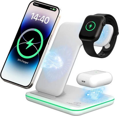 Trusted Quality, 3-in-1 Wireless Charging Station | 15W Fast Wireless Charger for Apple Devices | Compatible with iPhone 16/15/14, AirPods & Apple Watch | Stand for Multiple Devices.