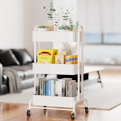 Ceayell 3-Tier Metal Rolling Storage Cart Heavy Duty Utility Cart Organizer with Lockable Wheels (WHT)