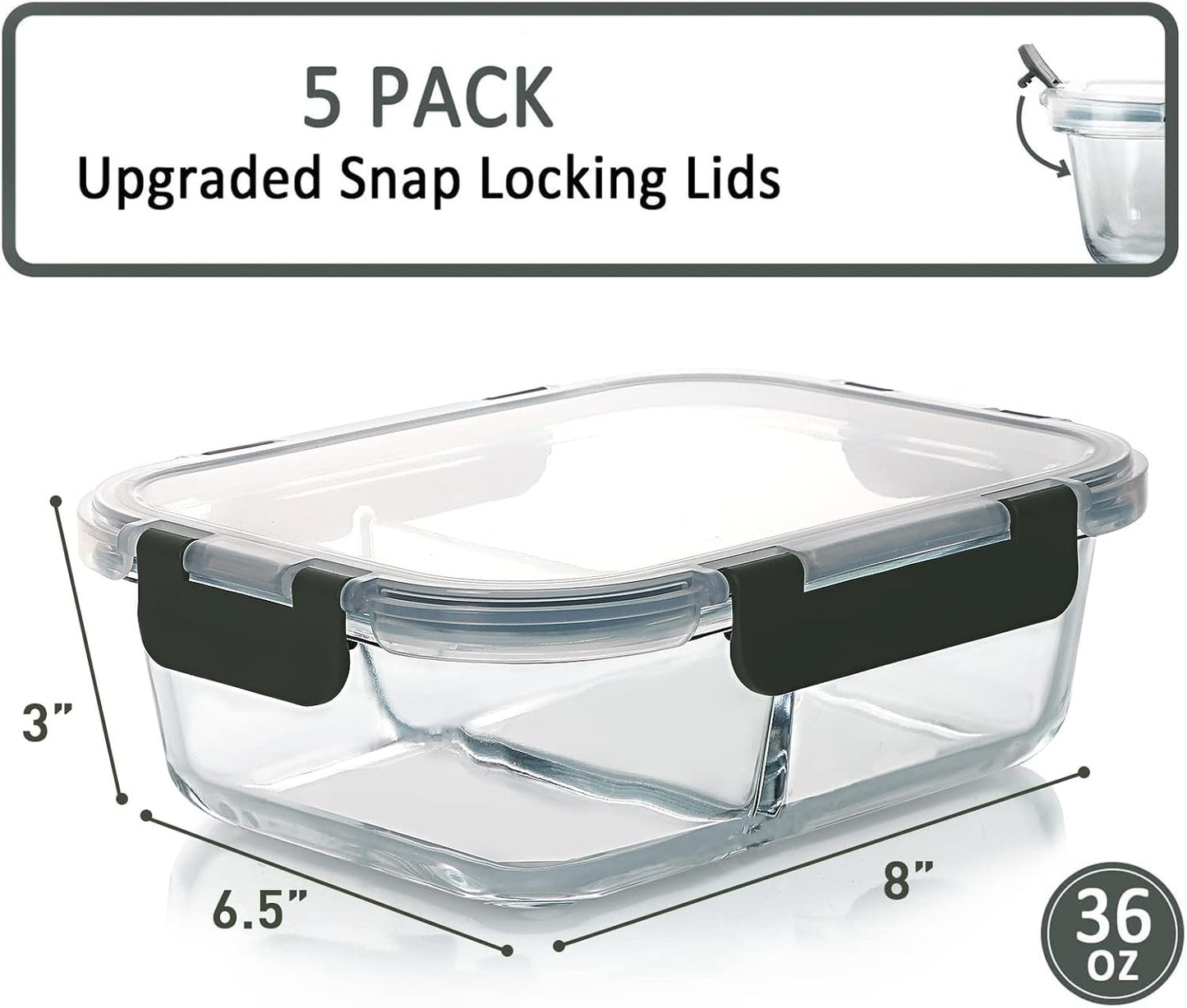 M MCIRCO [5-Pack,36 Oz] Glass Meal Prep Containers 2 Compartments Portion Control with Upgraded Snap Locking Lids Glass Food Storage Containers, Microwave, Oven, Freezer and Dishwasher (4.5 Cups)