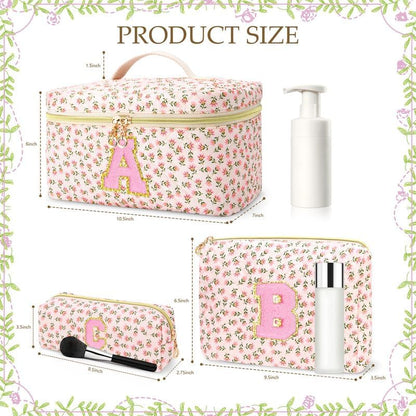 3 PCS Travel Makeup Bag Set, A-Z Initials Cotton Make up Bag Floral Quilted Cosmetic Bag for Girls and Women, Personalized Cute Toiletry Bag Travel Accessories Brushes Bag Yellow - A
