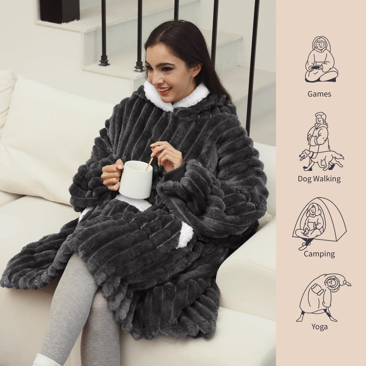 3D Jacquard Wearable Blanket Hoodie, Hooded Blankets for Adult Women, Warm Sweatshirt Blanket with Pockets and Sleeve