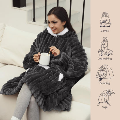 3D Jacquard Wearable Blanket Hoodie, Hooded Blankets for Adult Women, Warm Sweatshirt Blanket with Pockets and Sleeve