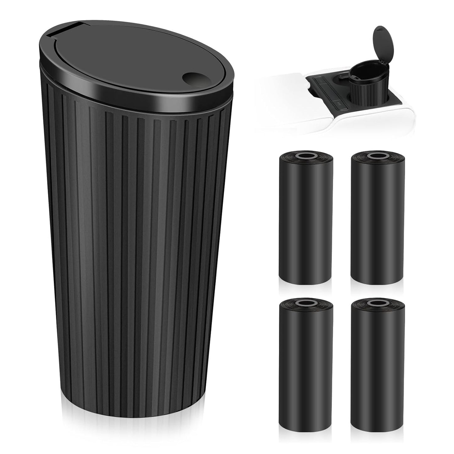 KILDOWS Car Rubbish Bin, Mini Dustbin with Black Lid Waterproof Portable Bin with 4 Rolls Garbage Bags Interior Accessories for Car Office Home