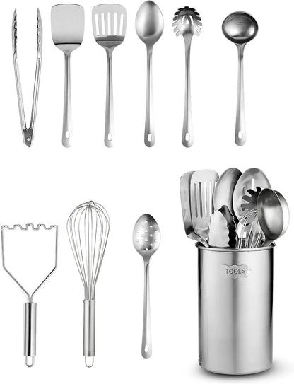 Kitchen Utensils Set - 10-Piece, Stainless-Steel Cooking Utensils w/Spoons, Whisk, Spatula, Tongs, Ladle, Masher & Cooking Utensils Holder - Kitchen Accessories, Gadgets and Tools (Brushed Finish)