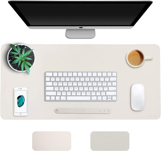 SOJITAS Non-Slip Desk Pad, Waterproof PU Leather Desk Mat, 31.5" x 15.7" Large Mouse Pad Double Sides Easy Clean for Office Home (Beige - Flocking)