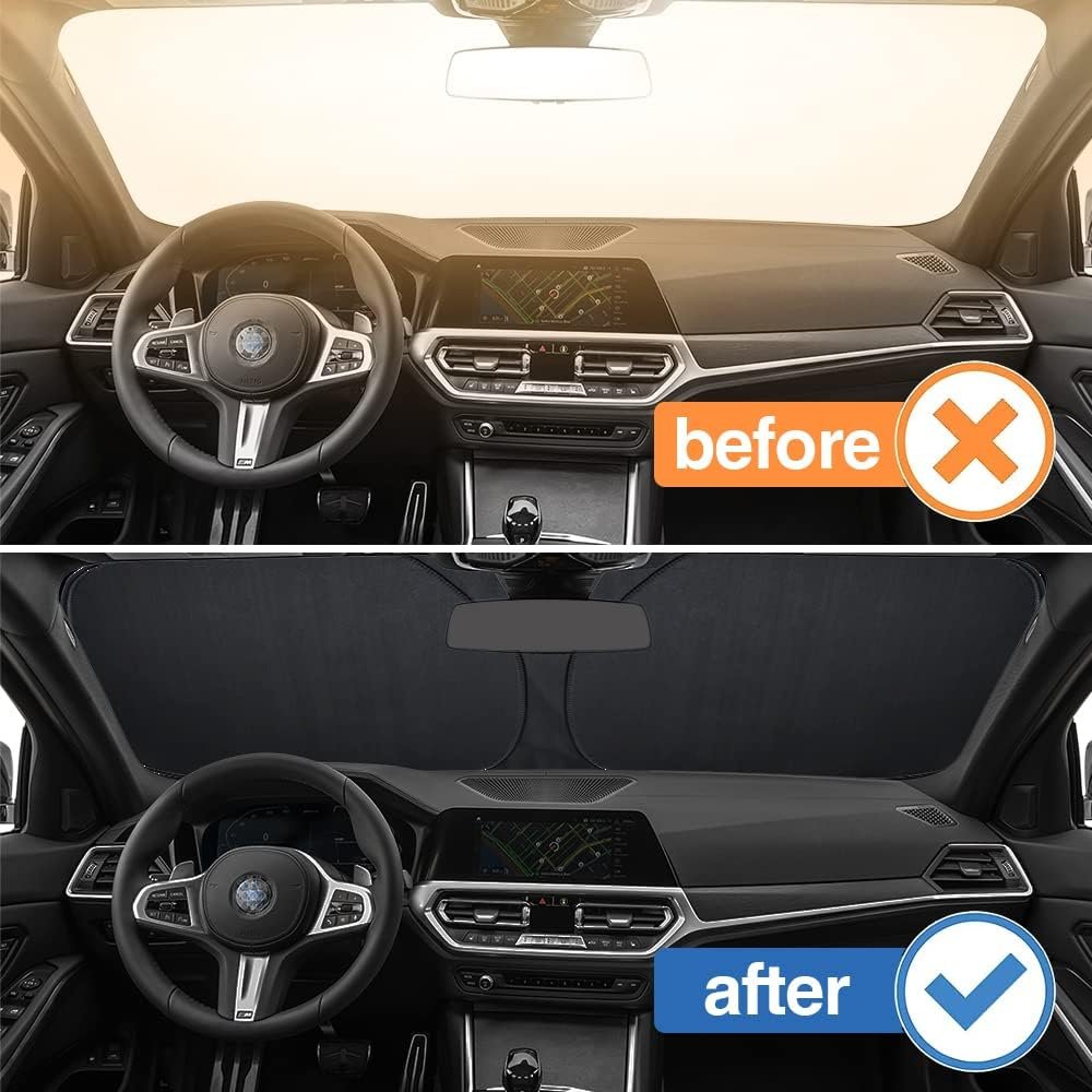 Car Sunshade Interior Windshield 136 x 65 cm, Car Sun Protection UV and Sun Heat Protection, Universal Car Windscreen Cover, Summer Accessories, Foldable, for Suv, Sedan