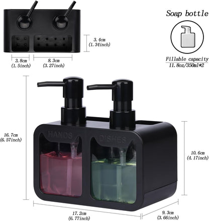 GINZER Dish Soap Dispenser for Kitchen Countertop with Sponge Caddy and Brush Holder - Refillable Non-Slip Dual Pump 4-in-1 Dispenser Soap Dispenser for Kitchen Sink, Essential Kitchen Gadgets – Black