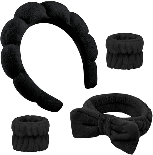 Spa Headbands for Washing Face, 4Pcs Headband for Women Makeup, Skincare Headbands Remover Spa Headband Bow Tie Headband Wristband Set Hair Accessories(Black)