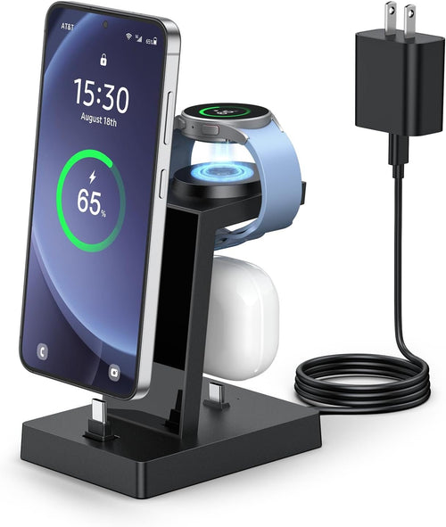 NANAMI USB C Fast Charging Station for Samsung Phone Watch Earbuds, 3 in 1 Charger for Galaxy Watch Ultra/7/6/5/4/3, Phone Charger Stand for S25/S24/S23/S22, for iPhone 15/16 Pro Max(with 30W Adapter)