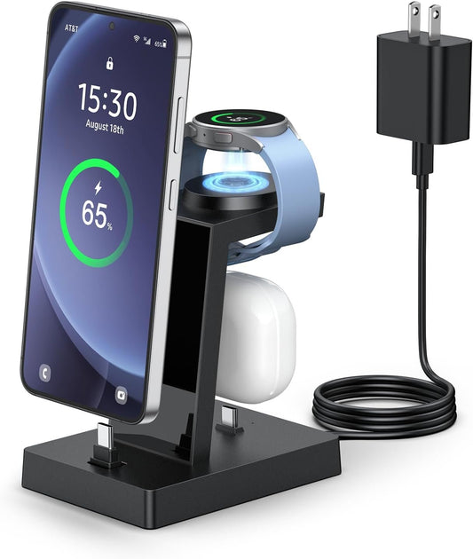 NANAMI USB C Fast Charging Station for Samsung Phone Watch Earbuds, 3 in 1 Charger for Galaxy Watch Ultra/7/6/5/4/3, Phone Charger Stand for S25/S24/S23/S22, for iPhone 15/16 Pro Max(with 30W Adapter)