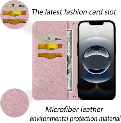 NanHou iPhone 16e Case Leather Case RFID Blocking Folio Wallet Case Magnetic Closure Kickstand Wrist Strap Card Holder Shockproof Flip Cover - Pink