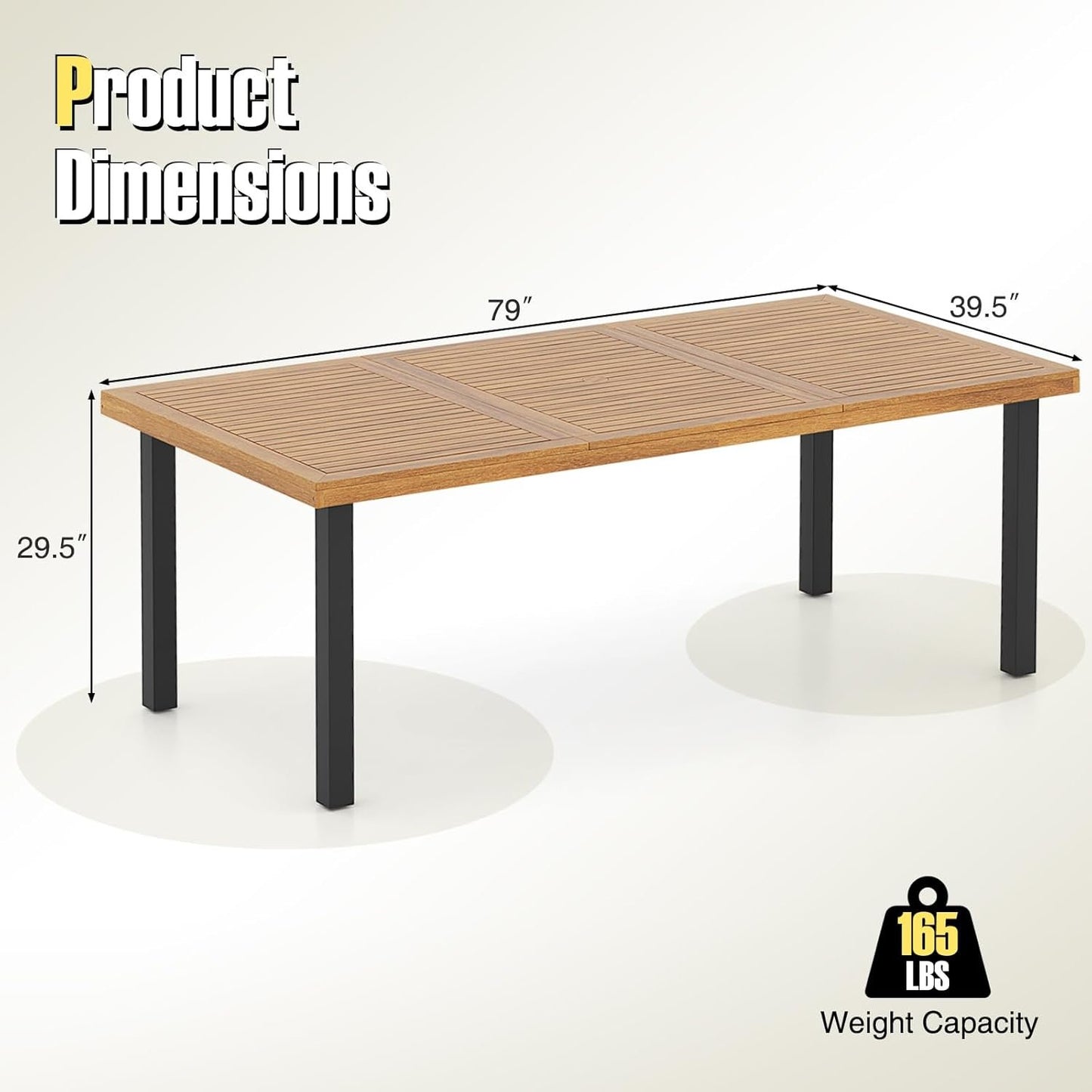 HAPPYGRILL Patio Dining Table for 8, 79" Large Rectangle Table with Acacia Wood Tabletop & Heavy Duty Metal Legs, Outdoor Dining Table with 2" Umbrella Hole for Backyard, Lawn & Garden