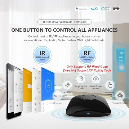 BroadLink RM4 pro S Smart Remote and Sensor Cable Set, Universal IR RF Remote Control Hub with Temperature Humidity Monitor USB Cable, Works with Alexa, Google Home, IFTTT …