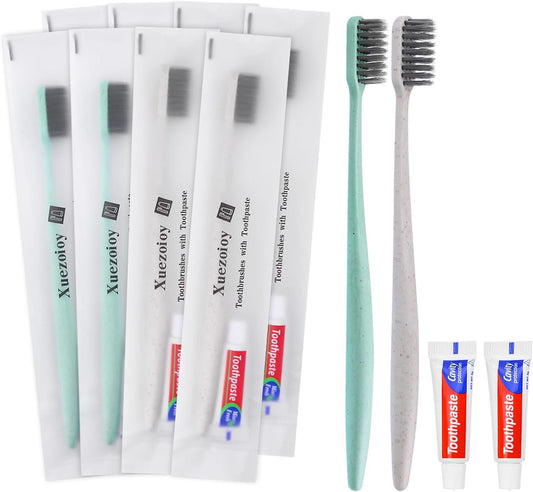 Disposable Toothbrushes with Toothpaste,100 Pack Bulk Toothbrushes Individually Wrapped Travel Toothbrush and Toothpaste Kit for Homeless,Nursing Home,Hotel,Charity(Apricot+Green)