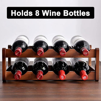 Tabletop Wine Rack Freestanding Bamboo 8 Bottle Storage Shelf Holder Organizer 2 Tier for Refrigerator Countertop Under Cabinet Kitchen Bar Dining Room Brown (2-Tier Brown)