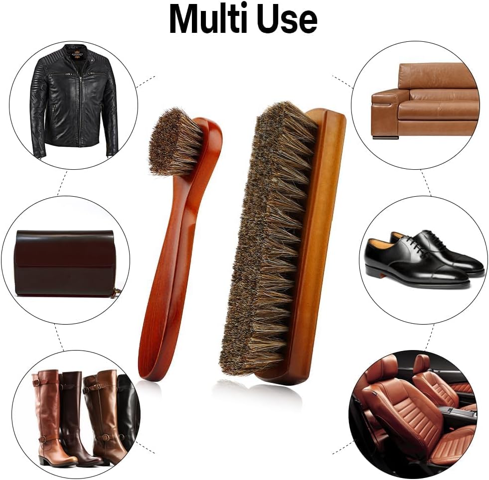 rugwioyu Horse Hair Brush for Leather - 3 Pieces Shoe Cleaning Tool - Soft Bristles, Anti-Static, Strong Water Absorption - Large & Long Handle Brushes - Brown