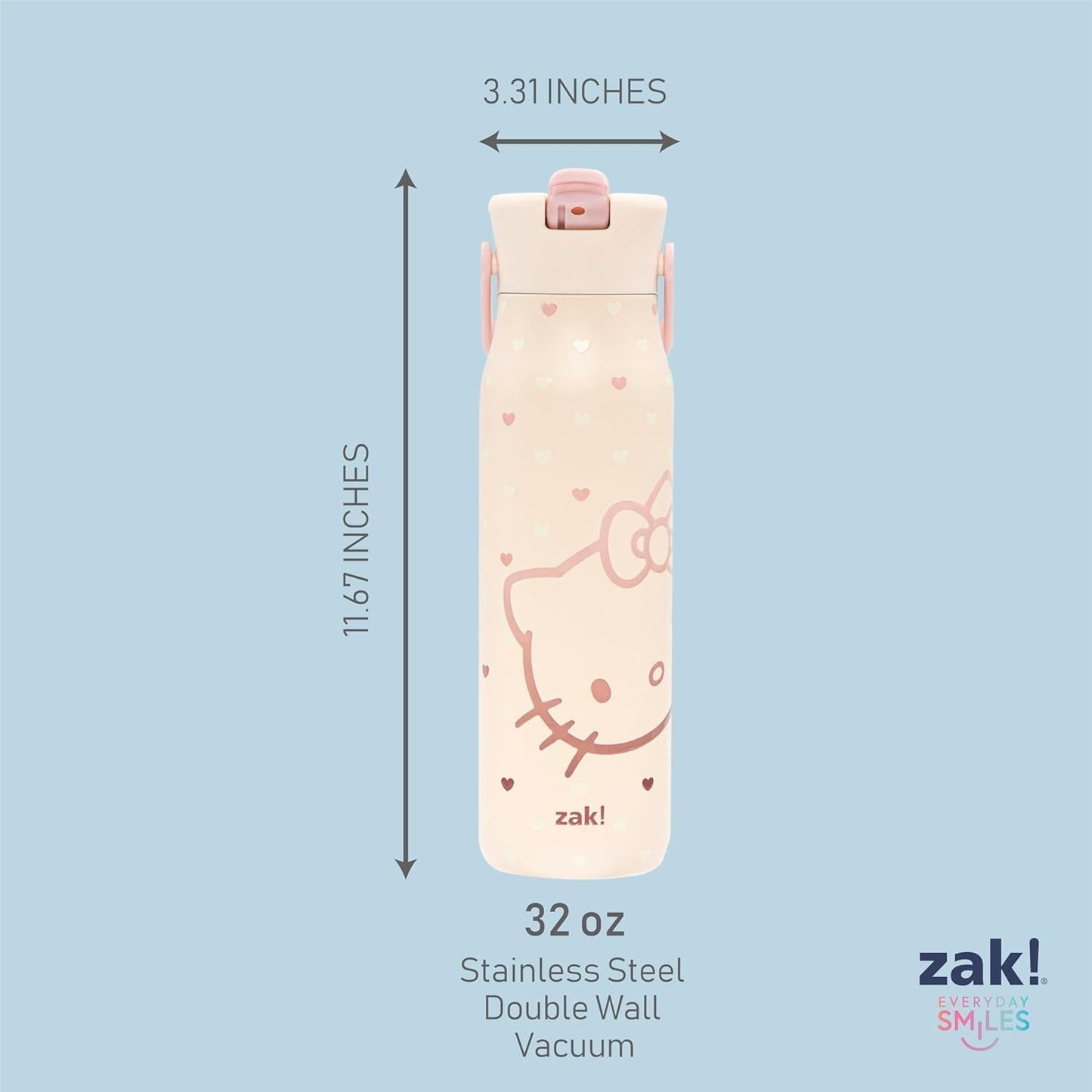 Zak Designs Sanrio Hello Kitty Harmony Water Bottle for Travel or At Home, 32oz Stainless Steel is Leak-Proof When Closed and Vacuum Insulated with Straw Lid, Carry Handle, and 3D Artwork