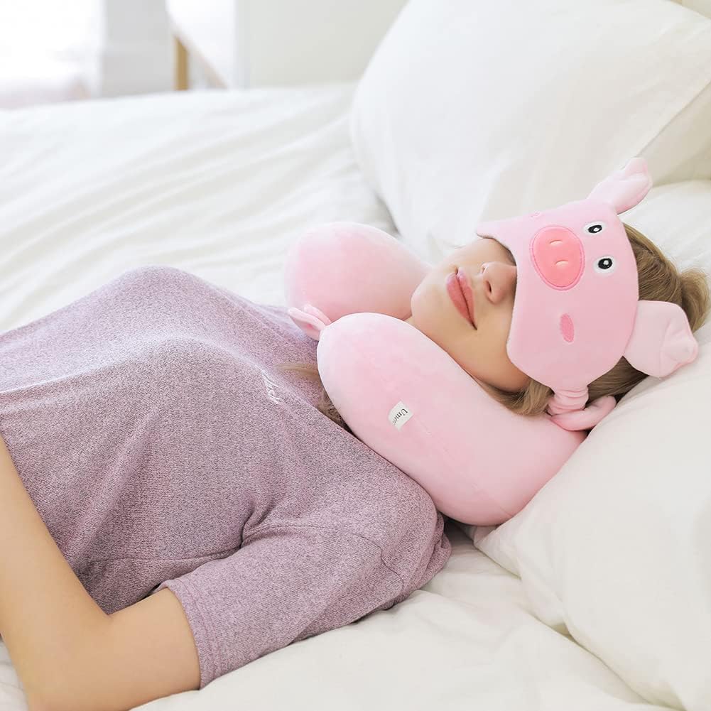 Memory Foam Animal Travel Pillow, Comfortable Neck Pillow with Cute Eye Mask Lightweight Traveling Pillow for Airplane, Car, Train, Bus and Home Use (Pig)