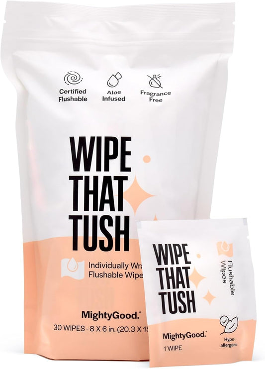 MightyGood. Wipe That Tush Travel Flushable Wipes - 1 Pack of 30 Individually Wrapped Total Hypoallergenic & Fragrance-Free with Aloe Tested Septic-Safe Individual Packs for White