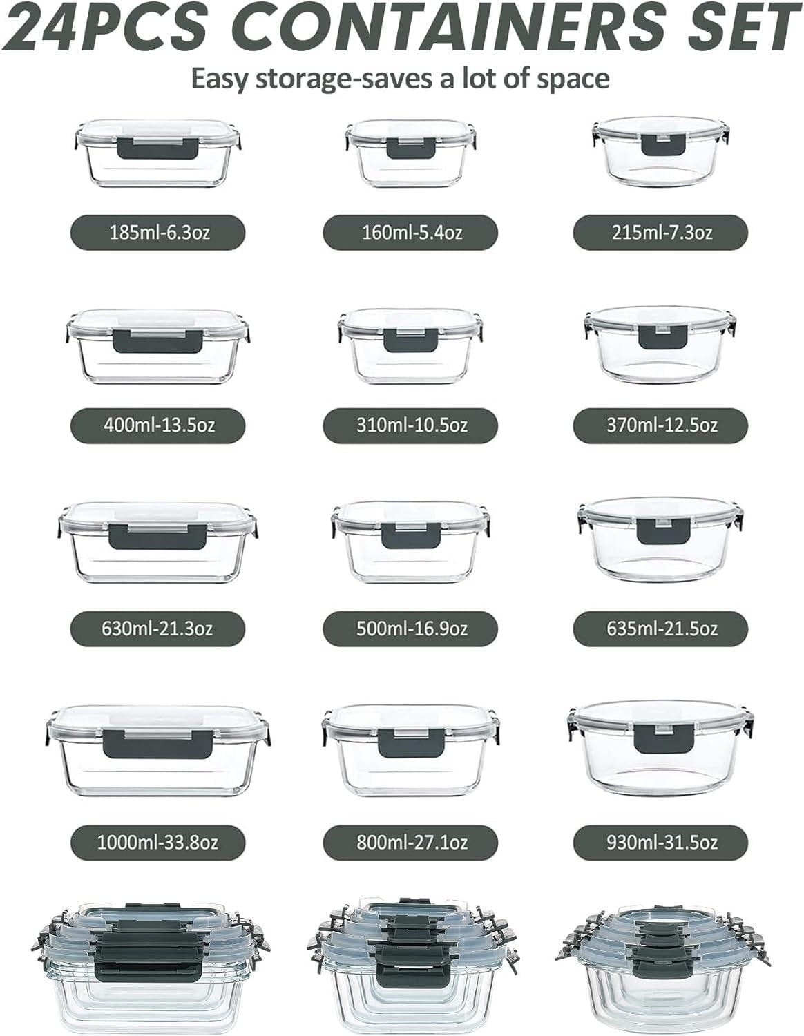 VERONES 24 Pieces Glass Food Storage Containers Set, Airtight Glass Lunch Containers, Glass Meal Prep Containers with Lids,Exclusive of BPA, for Microwave, Oven, Freezer & Dishwasher Friendly,Grey