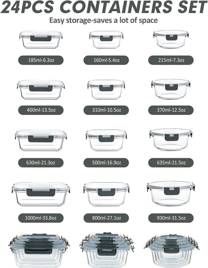 VERONES 24 Pieces Glass Food Storage Containers Set, Airtight Glass Lunch Containers, Glass Meal Prep Containers with Lids,Exclusive of BPA, for Microwave, Oven, Freezer & Dishwasher Friendly,Grey