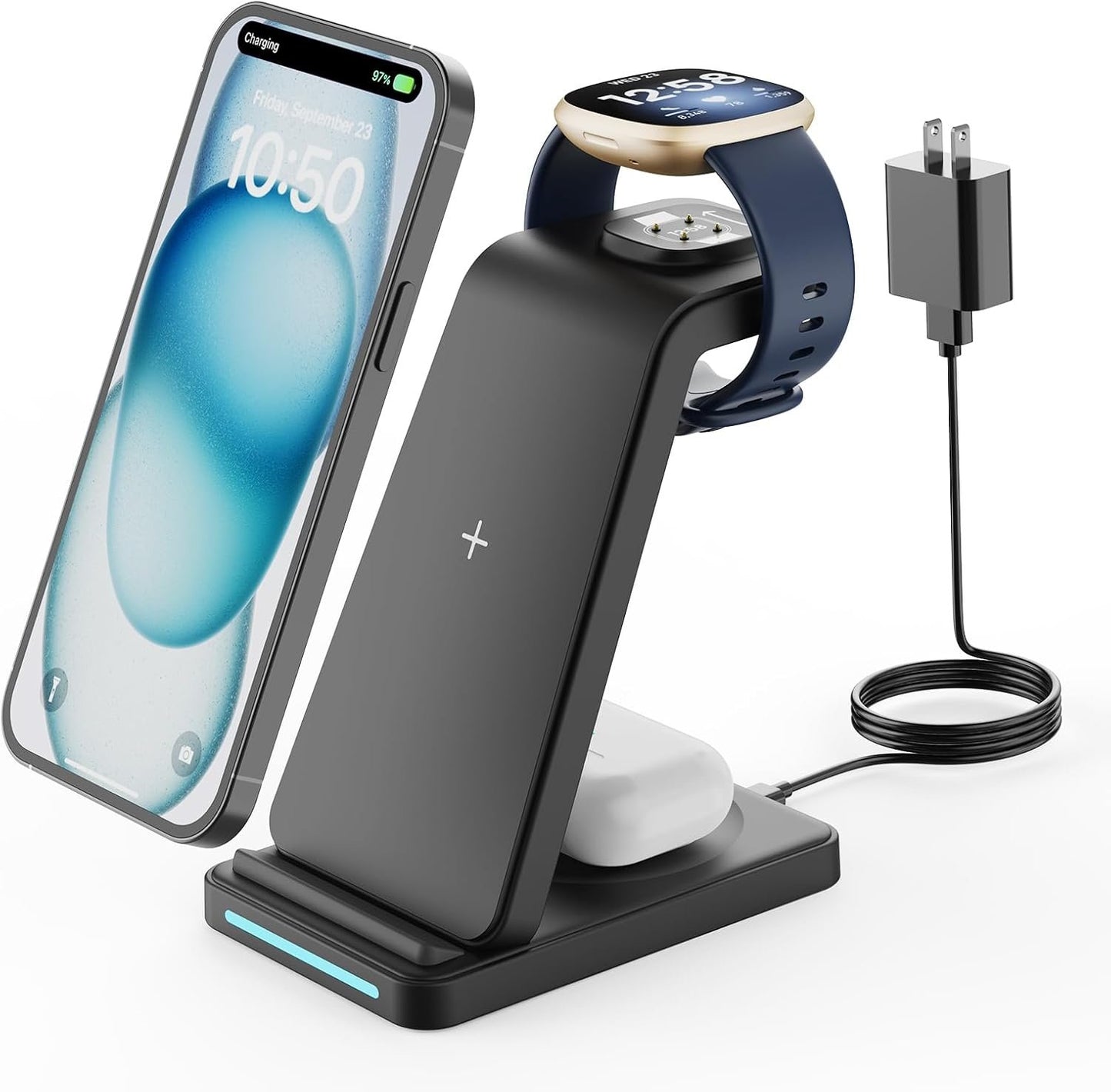 Wireless Charger for Fitbit Charging Station - GEEKERA 3 in 1 Phone Charger Stand for Fitbit Watch Sense 2/Sense/Versa 4/Versa 3, iPhone 15 14 13 12 11 Pro Max, Samsung S23/S22/S21/S20, Airpods 3/2