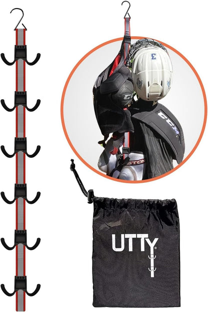 UTTY Hanging Multipurpose Portable Hockey Drying Rack - Hockey Gear Hanger & Sports Equipment Organizer - 6 Durable Adjustable Hooks Support Light to Heavy Weight for Home, Travel & Outdoor Use