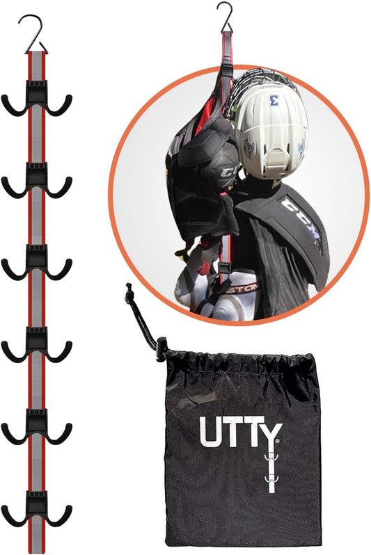 UTTY Hanging Multipurpose Portable Hockey Drying Rack - Hockey Gear Hanger & Sports Equipment Organizer - 6 Durable Adjustable Hooks Support Light to Heavy Weight for Home, Travel & Outdoor Use