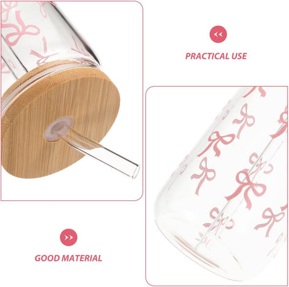 Garneck Cute Glass Cups with Lids and Straws Capacity Bow Cups for and Adults Ideal for Juice